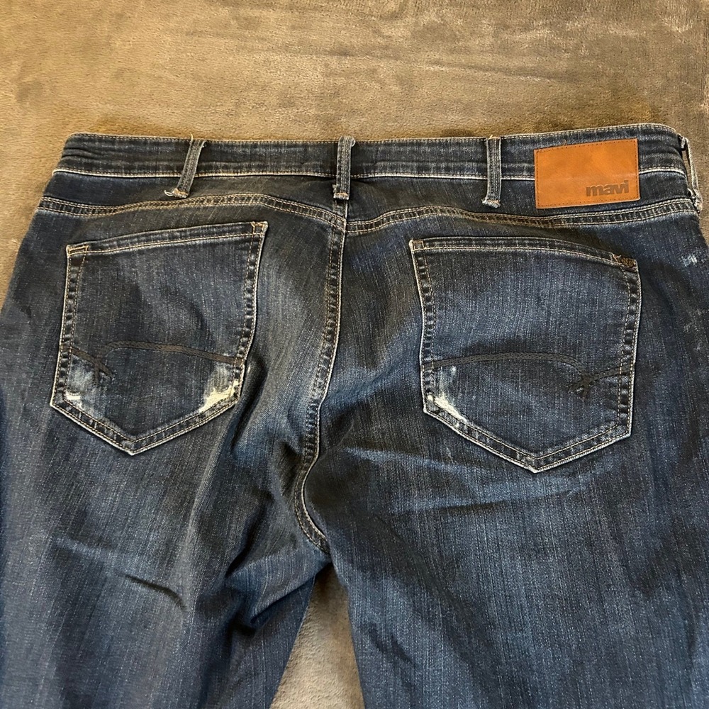 Mavi Jake Slim Leg Jeans Mens 38x28 Dark Wash Blue Distressed Stretch Denim - Picture 7 of 12